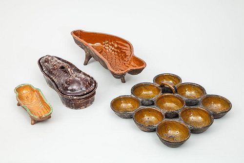 French Red-Glazed Pottery Fish-Form Mold, a Yellow-Glazed Mold, a Sponged Rabbit Tureen and Cover, and a Nine-Part Pan