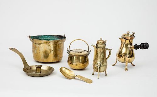 French Brass Tripod Chocolate Pot, Another Tripod Pot, Two Pots with Swing Handles, a Chamber Candlestick, and a Sauce Spoon