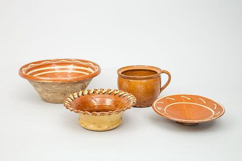 Two French Brown-Glazed Earthenware Bowls, a Plate and a Speckle-Glazed Bowl with Handle