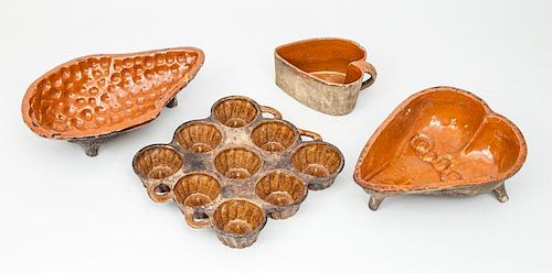 Two French Red-Glazed Pottery Heart-Form Molds, a Pinecone Mold and a Brown-Glazed Nine-Part Food Pan