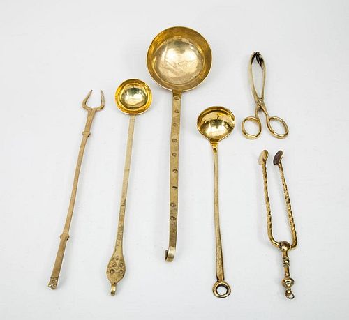 Six French, Dutch and English Brass Cooking Utensils