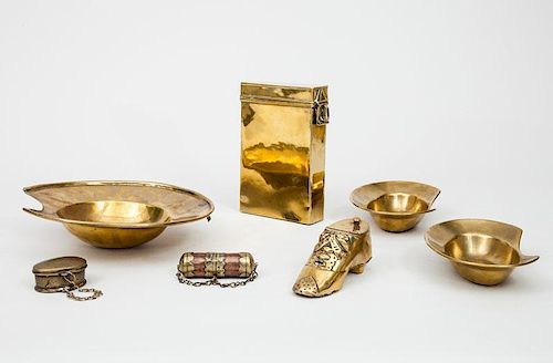 Three Dutch Brass Barber's Bowls, a Brass Rectangular Case, a Brass Shoe-Form Box, a Brass-Mounted Copper Match Box, and Another Oval Box