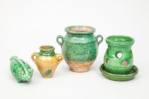 Dutch Green-Glazed Earthenware Pig-Form Bank, a Friedland Crocus Vase, Two Two-Handled Pots, and a Dish