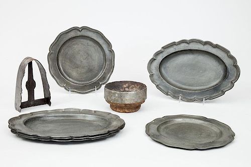 Set of Four Dutch Pewter Oblong Plates, Two Circular Plates, a Clothes Iron Stand and a Wood and Pewter Cover