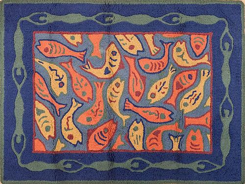 Hand-Hooked Rug with a Fish Motif