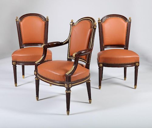 Louis XVI Style Gilt-Metal Mounted Mahogany Fauteuil en Cabriolet and a Pair of Chaises en Suite