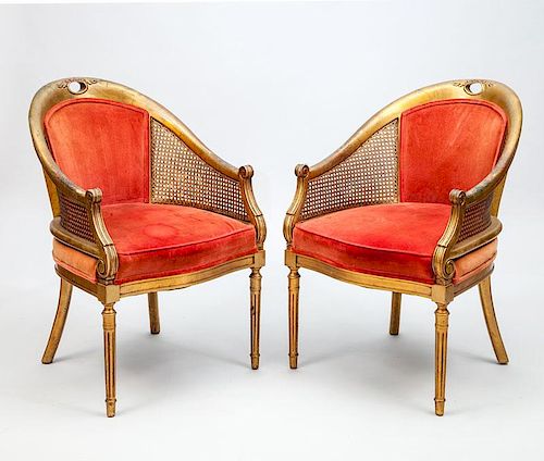 Pair of Louis XVI Style Giltwood and Caned Tub Chairs