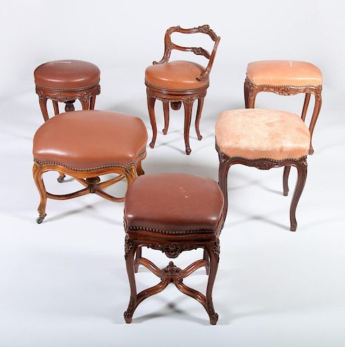 Group of Five Louis XV Style Carved Beechwood Tabourets