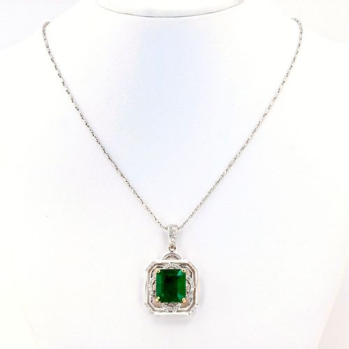 Emerald & Diamond 18K White & Yellow Gold Pendant