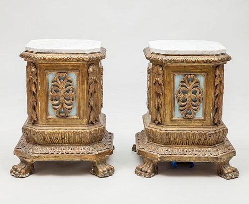 Pair of Italian Giltwood Carved and Painted Marble-Top Pedestals
