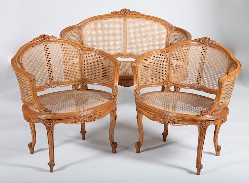 Louis XV Style Carved Beechwood Canapé and a Pair of Matching Bergères