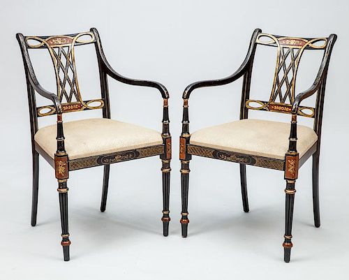 Pair of Regency Style Ebonized and Parcel-Gilt Armchairs