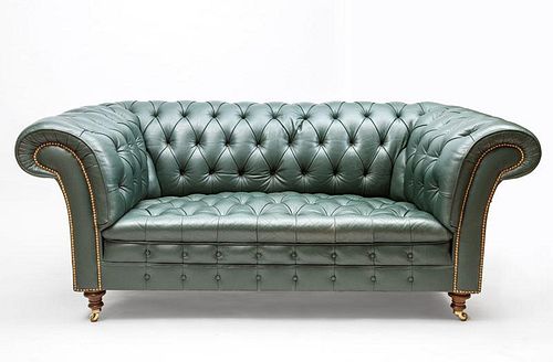 Chesterfield Brass Studded and Green Leather Sofa, Modern