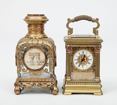 French Aiguilles Gilt-Metal Miniature Carriage Clock and a Brass-Cased Glass Scent Bottle and Stopper