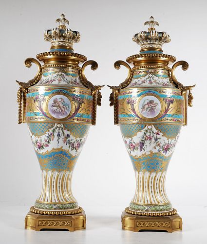 SEVRES Porcelain Pair of 22" Urns