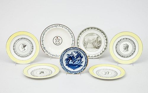 Set of Four Creil Yellow-Banded Faience Plates, a Stone Cockerel Pictorial Bowl, a Monogrammed Plate, and a Blue and White Dish