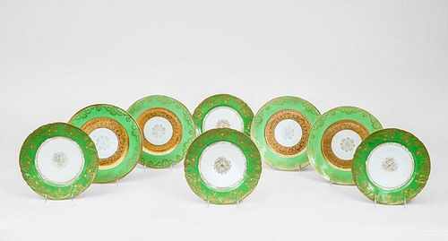 Set of Eleven J. Pouyat Limoges Plates, Four Limoges Plates with Green Borders, and Four Plates with Gilt-Embossed Rings