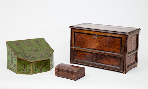European Grained Wood Table-Top Box in the Form of a Commode, a Green Lacquer French Stationary Box, and an English Leather-Clad Dome Box