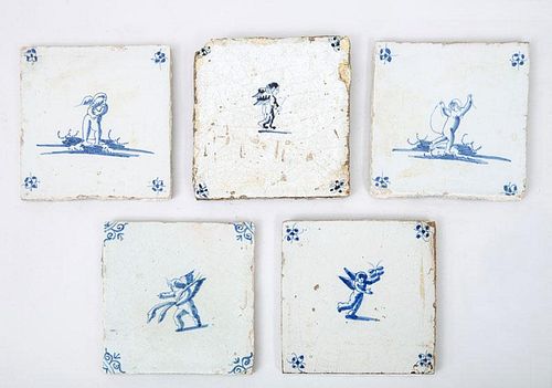 Five Dutch Delft Blue and White Cherub-Decorated Tiles