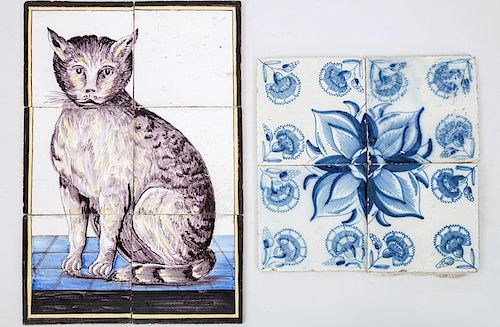 Dutch Delft Manganese and Blue Six-Tile Picture of a Seated Cat and Four Dutch Delft Blue and White Carnation Tiles