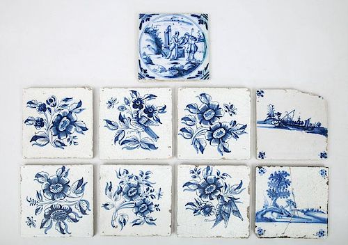 Nine Dutch Delft Blue and White Tiles