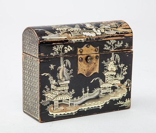 English Black Lacquer Gilt-Chinoiserie-Decorated Scent Bottle Box