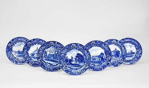 Seven Wedgwood Blue Transfer-Printed Topographical Plates, with Views of Old Albany