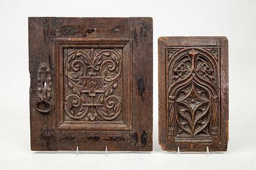 Gothic Tracery Carved Oak Panel and a Renaissance Carved Oak Door Panel
