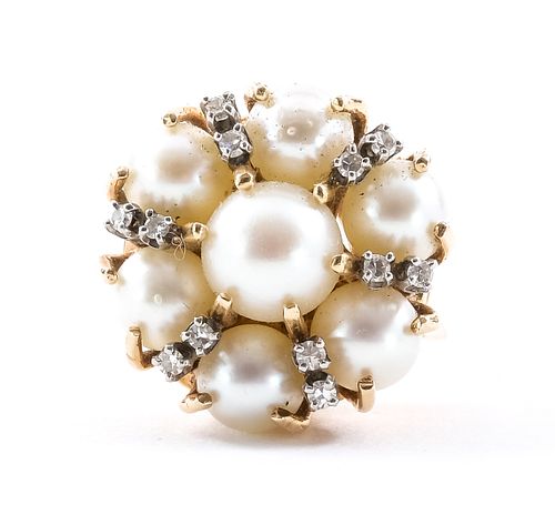 14K Diamond & Pearl Cluster Cocktail Ring
