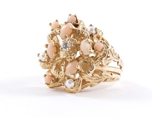 14K Coral, Pearl, and Diamond Cocktail Ring