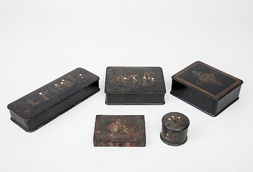 Group of Three Japonaise Papier-Mâché Boxes, a European Figural-Decorated Box and a Box with Arabesque Lid