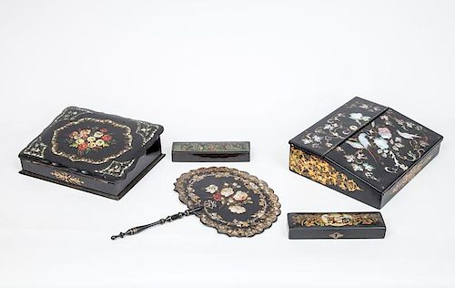 Two Victorian Mother-of-Pearl Inlaid Papier-Mâché Lap Desks, a Fire Fan, and Two Pen Boxes