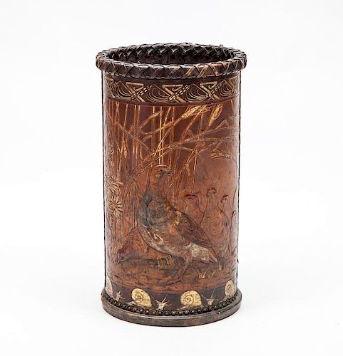 Embossed and Gilt-Leather Cylindrical Umbrella Stand