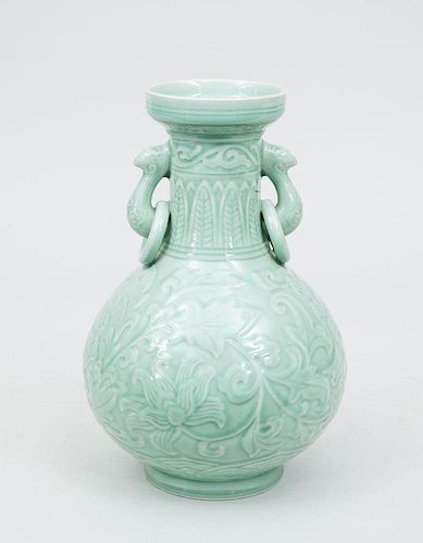 Modern Chinese Relief-Decorated Celadon-Glazed Porcelain Pear-Form Vase