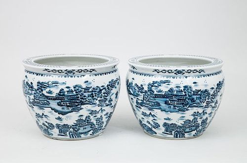 Pair of Modern Chinese Blue and White Porcelain Jardinières