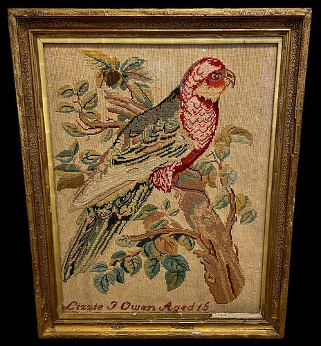 19th C. Large Scale Signed Embroidery Sampler of Bird