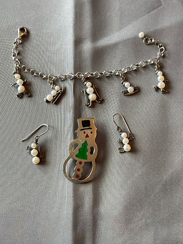 Sterling Silver Christmas Snowman Jewelry Set 