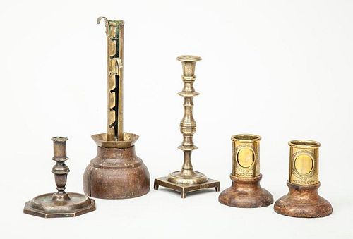 Pair of Engraved Brass Candleholders, a Brass Ratchet Candlestick, a French Baroque Stick, and an English Brass Stick