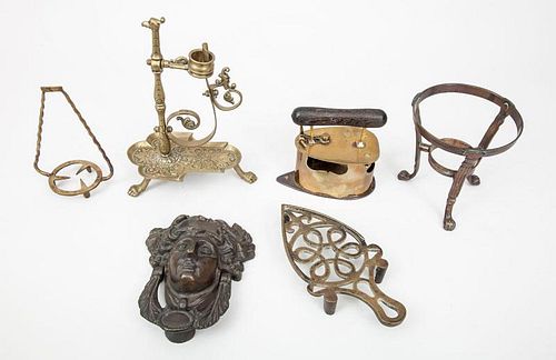 Renaissance Style Cast-Metal Bacchante Head Door Knocker, a Metal Tripod Stand and Four Brass Articles