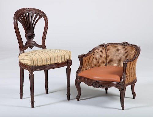 Louis XVI Style Carved Chaise and a Louis XV Style Carved Walnut Low-Back Child's Bergère