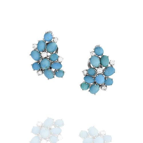 Diamond, Turquoise and Platinum Ear Clips