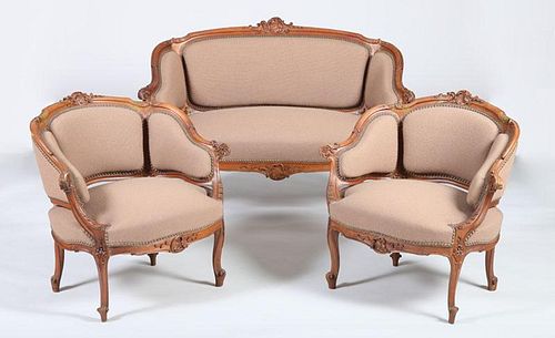 Napoleon III Carved Walnut Suite Comprising a Sofa and Two Bergères