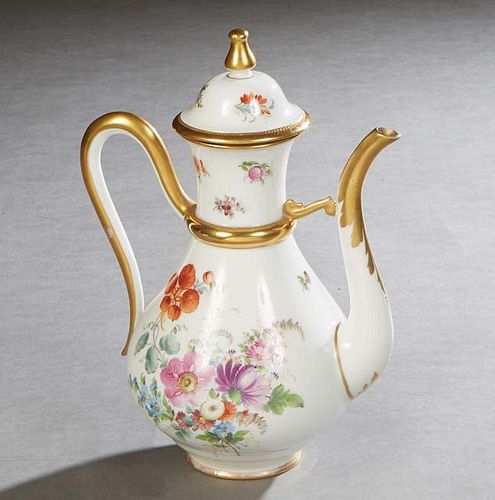 Royal Berlin Porcelain Teapot, 19th c., with gilt and hand painted floral decoration, marked on the underside, H.- 10 1/2 in., W.- 5 in., D.- 7 3/4 in