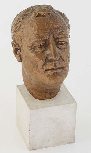 Jo Davidson (1883-1952), "Franklin Roosevelt," 1934, patinated plaster bust, presented on a white marble plinth, Bust- H.- 6 1/2 in., W.- 4 in., D.- 6