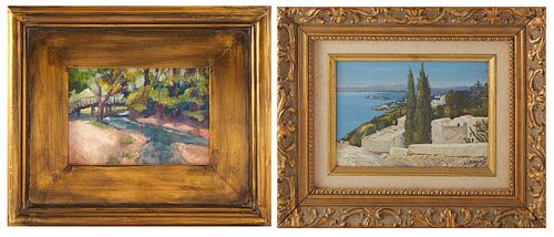 Two Paintings, Continental School, "Mediterranean Scene," 20th c., oil on board, signed indistinctly lower right, presented in a gilt frame and Donna 