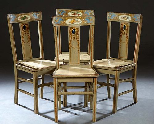 Set of Four French Polychromed and Gilt Oak Side Chairs, 19th c., the curved crest rail over a vertical splat, to a vinyl upholstered seat, on tapered