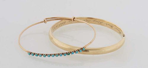 Two Vintage 14K Yellow Gold Bangle Bracelets, one a Mardi Gras memento, of hinged form, the interior engraved "From Your King The Mystic Club 1976," t