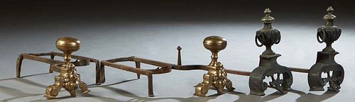 Two Pairs of Victorian Brass and Iron Andirons, late 19th c., the figural supports with large brass ball tops; the second with reeded urn tops over sc