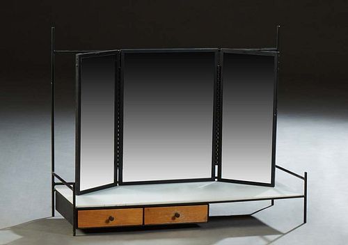 Paul McCobb Wrought Iron Vanity, for Bryce Originals, with folding mirrors, over a white Vitrolite glass top, on a base with two small frieze drawers 