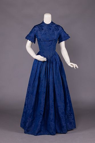 SAPPHIRE BLUE PATTERNED SILK DRESS, c. 1846